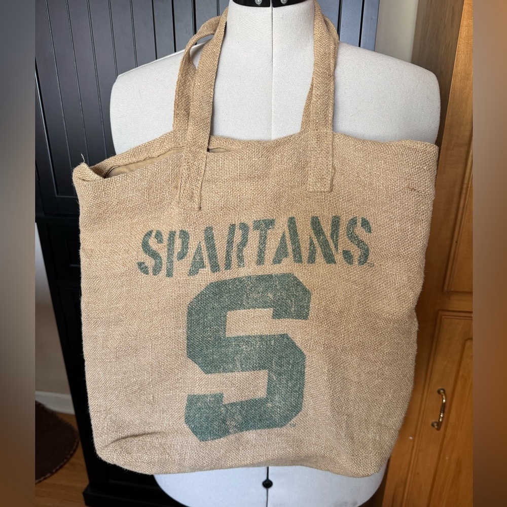Michigan State Spartans Burlap Tote Bag Magnetic Closure Snap